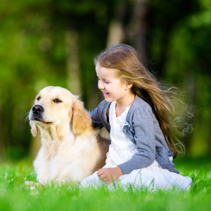 Girl smiling and petting a gold retreiver